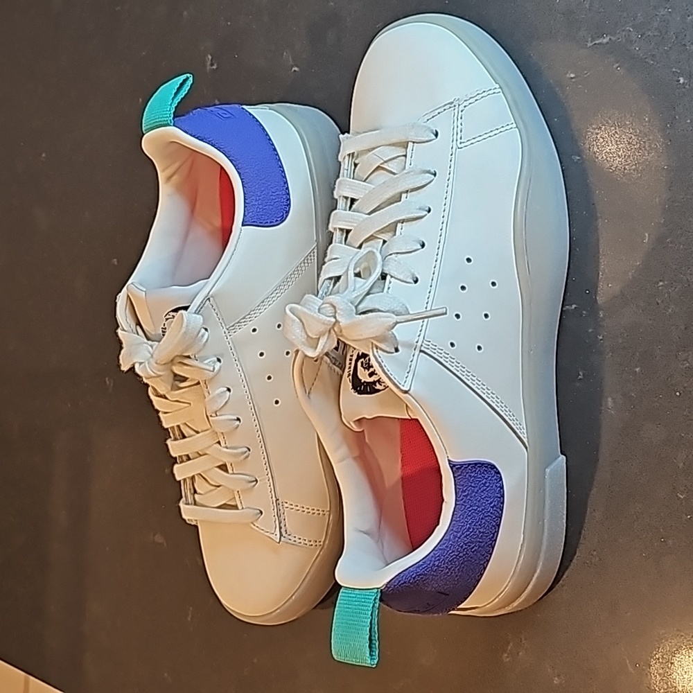 Diesel White Sneakers with Purple Heel and Teal Pull Tab
